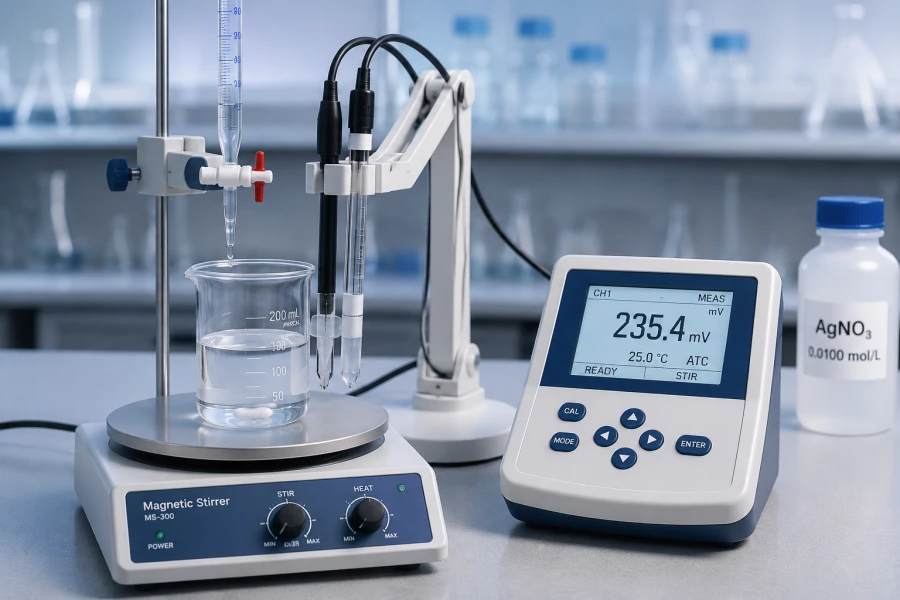 Modern laboratory setup for potentiometric titration during MgO board chloride ion testing, featuring a burette, magnetic stirrer, electrodes, beaker, and digital potentiometric analyzer on a clean laboratory bench.