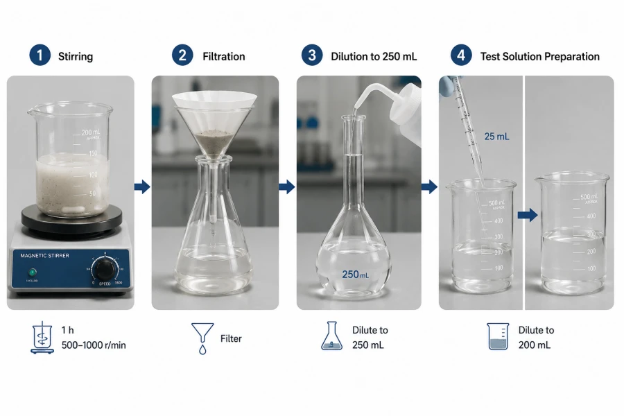 Four-step laboratory workflow showing preparation of MgO board sample leachate, including magnetic stirring, filtration, dilution to 250 mL, and preparation of the final test solution for chloride ion analysis.