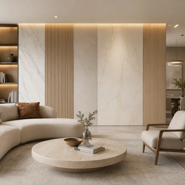 decorative magnesium oxide board Modern luxury interior featuring decorative magnesium oxide wall panels with marble, stone, and wood-look finishes in a warm minimalist living room design.