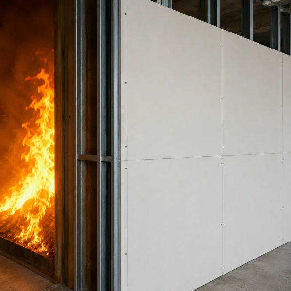 fireproof magnesium oxide board Fire-resistant magnesium oxide board (MgO board) installed on metal stud framing during a fire test, featuring clean off-white board surfaces with visible flames on one side of the wall assembly.