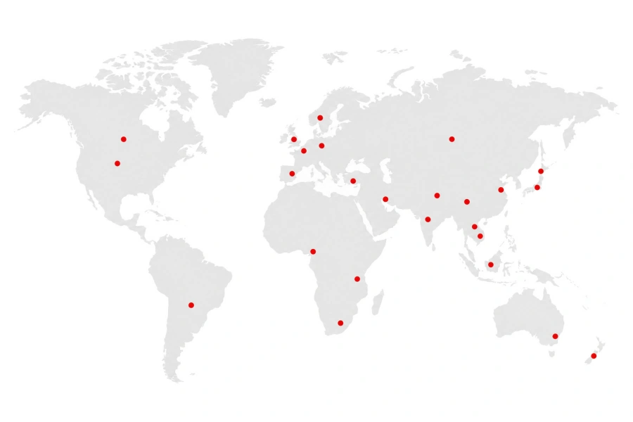 mgo board supplying worldwide Minimalist global distribution map showing worldwide magnesium oxide board export projects with red location markers across North America, Europe, Asia, Africa, and Australia.