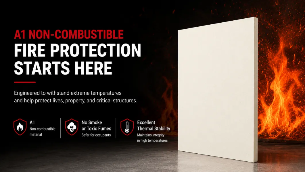 A1 non-combustible magnesium oxide board demonstrating superior fire resistance with a fireproof MgO panel against a flame background.