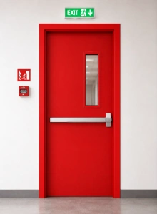 Fire-rated door incorporating magnesium oxide board, providing enhanced fire protection and helping maintain the integrity of building compartments during a fire.