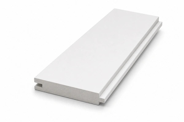 3D illustration of a tongue and groove (T&G) magnesium oxide (MgO) board featuring an interlocking edge profile for flooring and wall systems.