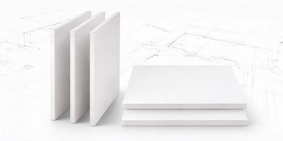 Premium white magnesium oxide (MgO) boards displayed in a clean architectural studio setting, showcasing smooth surfaces, durable edges, and modern fire-resistant building materials.