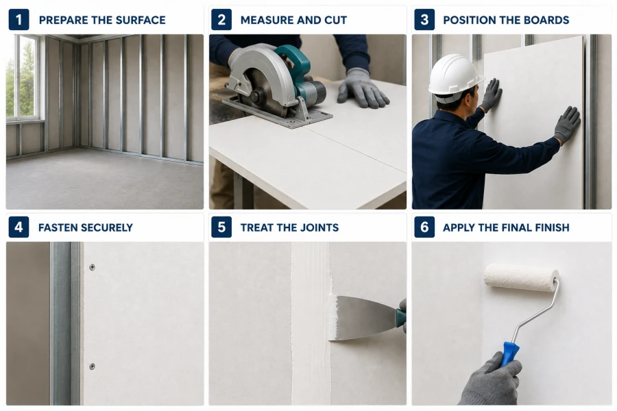 Step-by-step MgO board installation guide showing surface preparation, board cutting, positioning, screw fastening, joint treatment, and final finishing for interior wall applications.