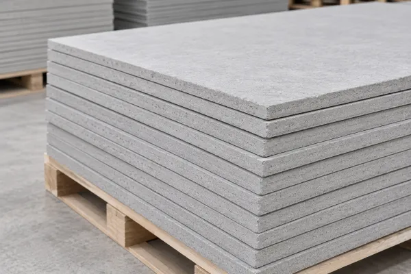 Stacked cement boards on a pallet for cement board manufacturing and fiberglass mesh reinforcement
